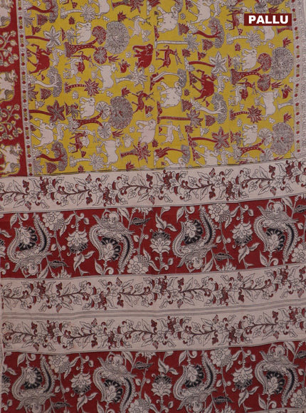 Kalamkari cotton saree yellow and maroon with allover prints and printed border