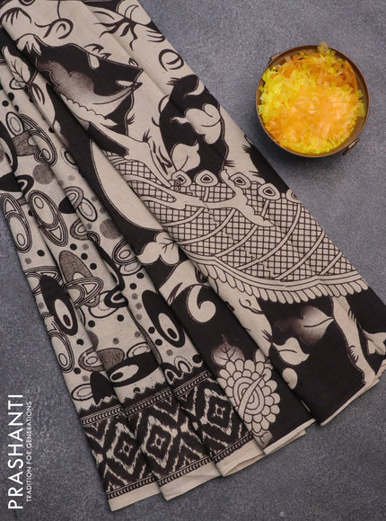 Kalamkari cotton saree beige and black with geometric prints and printed border