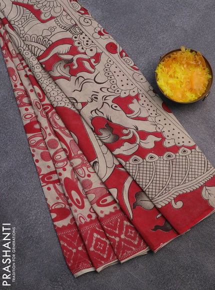 Kalamkari cotton saree beige and red with geometric prints and printed border