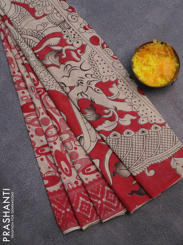 Kalamkari cotton saree beige and red with geometric prints and printed border