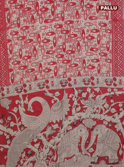 Kalamkari cotton saree beige and red with geometric prints and printed border