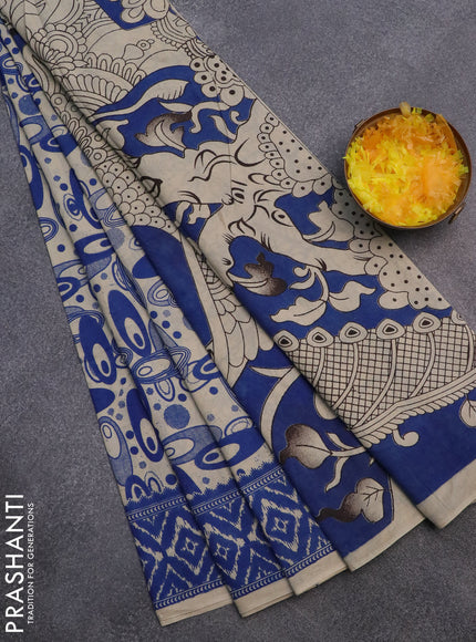 Kalamkari cotton saree beige and blue with geometric prints and printed border