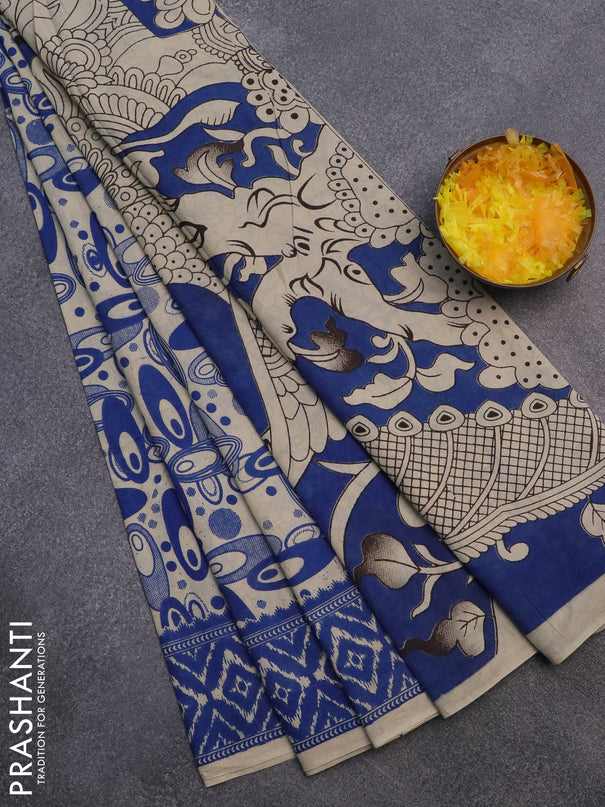 Kalamkari cotton saree beige and blue with geometric prints and printed border