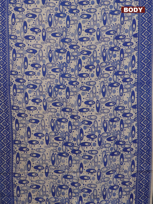 Kalamkari cotton saree beige and blue with geometric prints and printed border