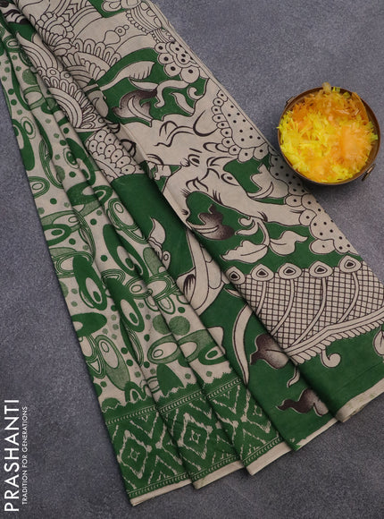 Kalamkari cotton saree beige and green with geometric prints and printed border