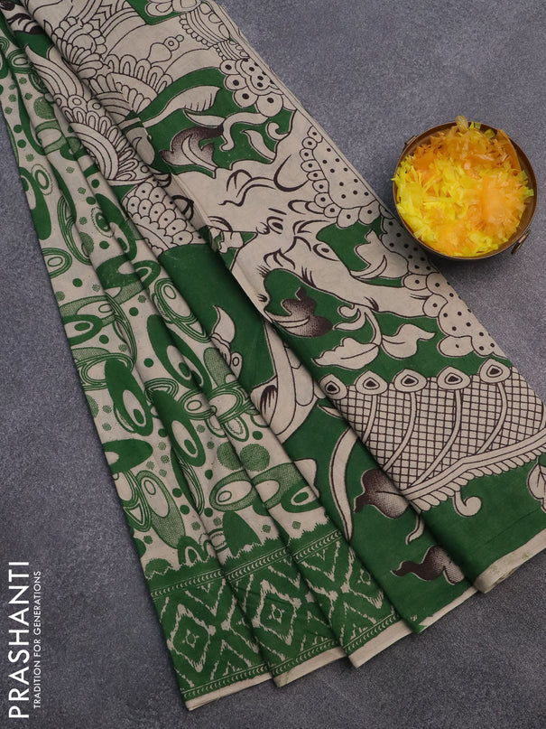 Kalamkari cotton saree beige and green with geometric prints and printed border