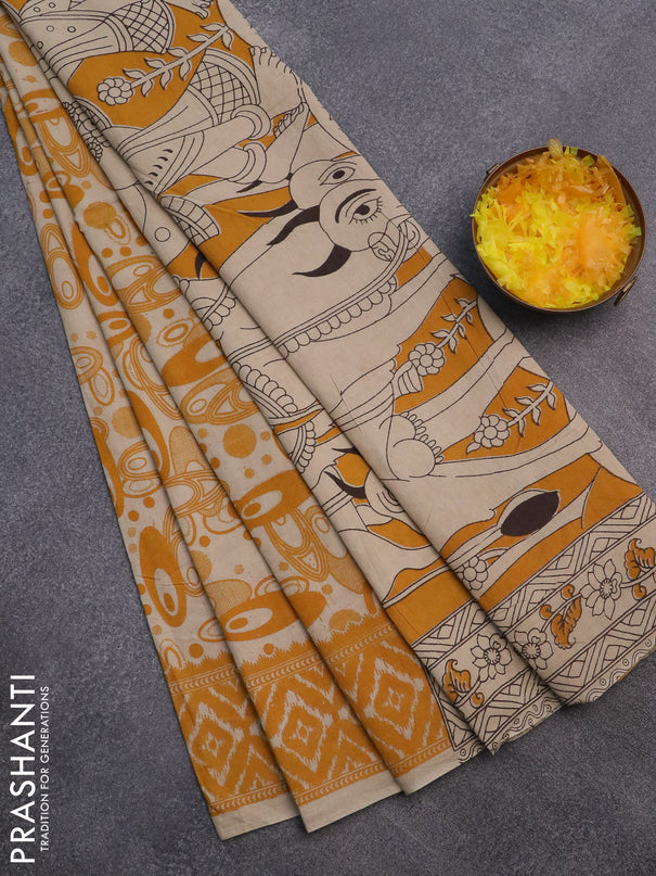 Kalamkari cotton saree beige and mango yellow with geometric prints and printed border