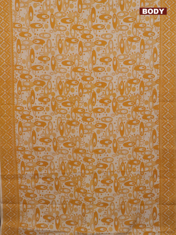 Kalamkari cotton saree beige and mango yellow with geometric prints and printed border