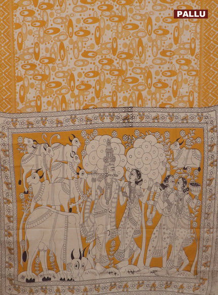 Kalamkari cotton saree beige and mango yellow with geometric prints and printed border