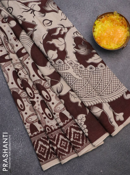 Kalamkari cotton saree beige and brown with geometric prints and printed border