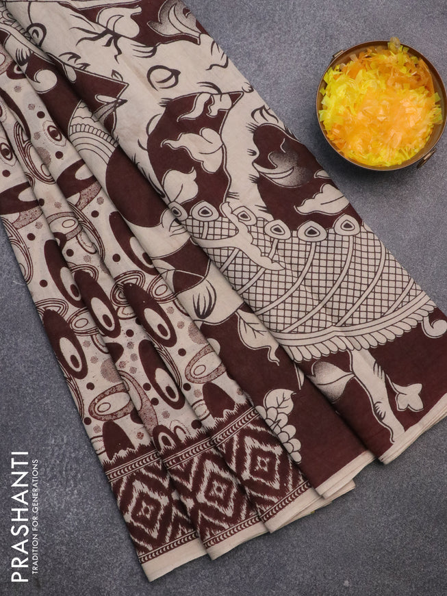 Kalamkari cotton saree beige and brown with geometric prints and printed border