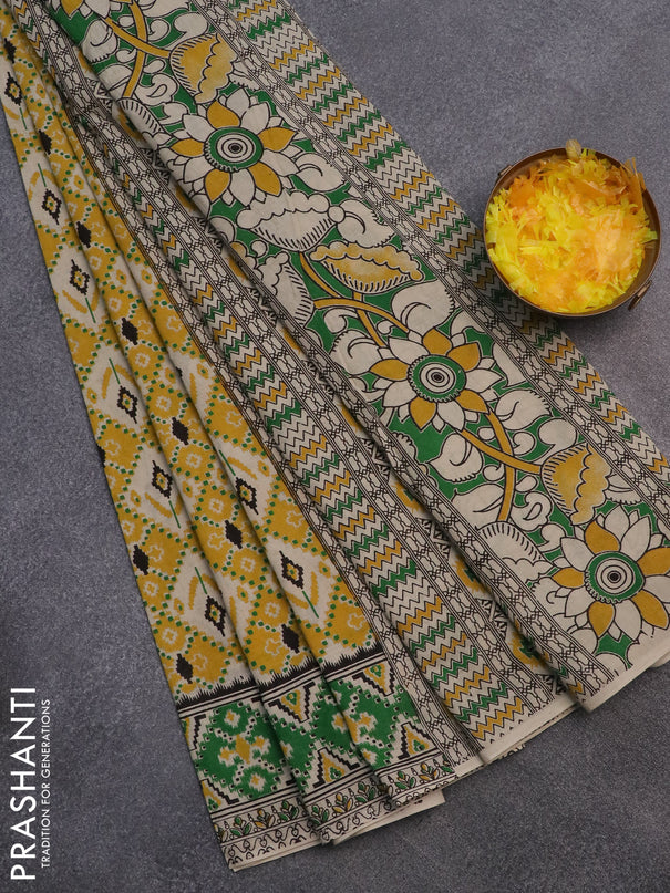 Kalamkari cotton saree yellow and green with allover ikat prints and printed border