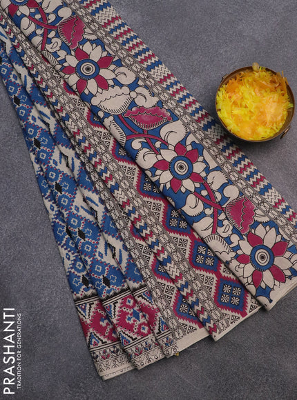 Kalamkari cotton saree cs blue and pink with allover ikat prints and printed border