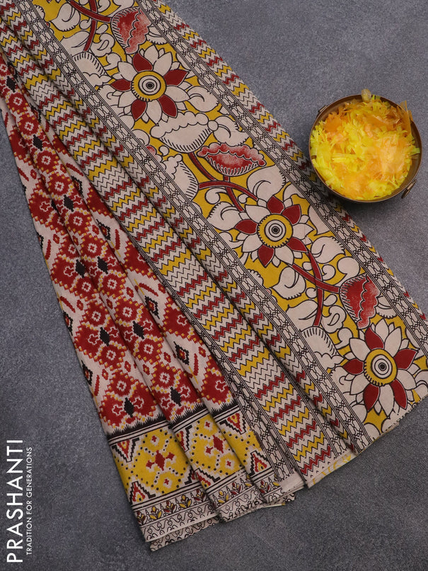 Kalamkari cotton saree maroon and yellow with allover ikat prints and printed border