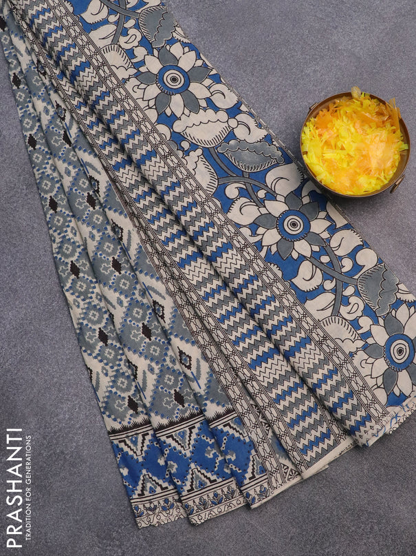 Kalamkari cotton saree grey and blue with allover ikat prints and printed border