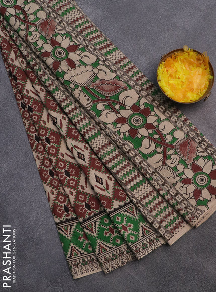 Kalamkari cotton saree maroon beige and green with allover ikat prints and printed border