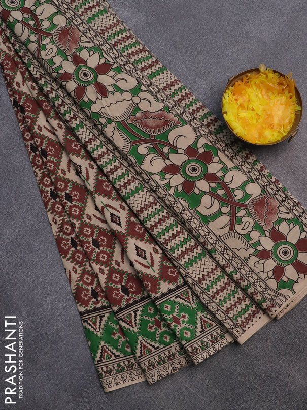 Kalamkari cotton saree maroon beige and green with allover ikat prints and printed border