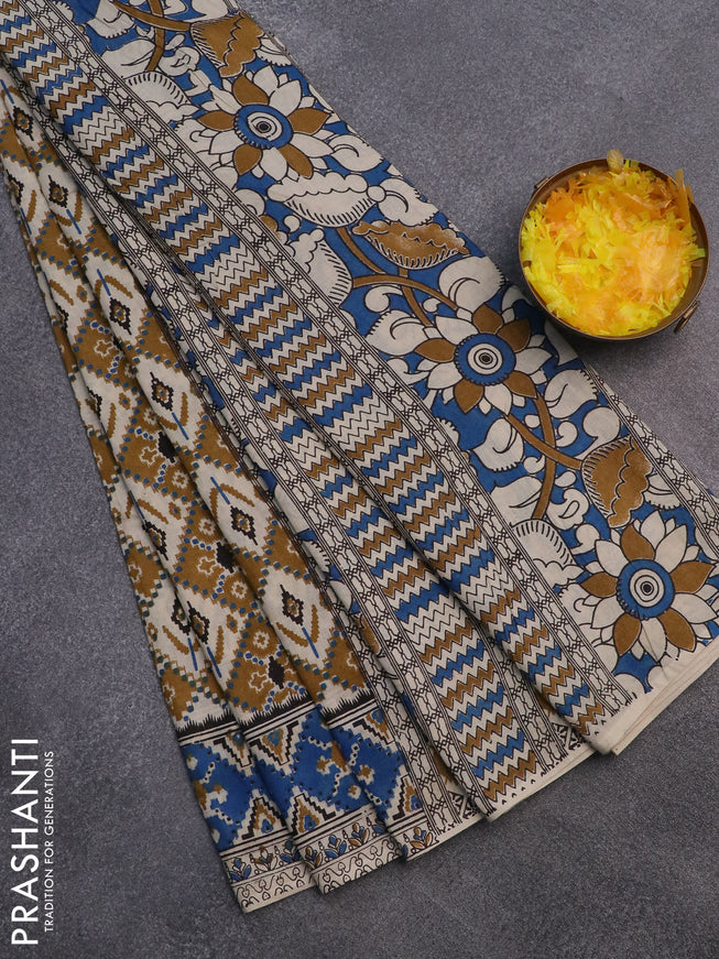 Kalamkari cotton saree mustard beige and blue with allover ikat prints and printed border