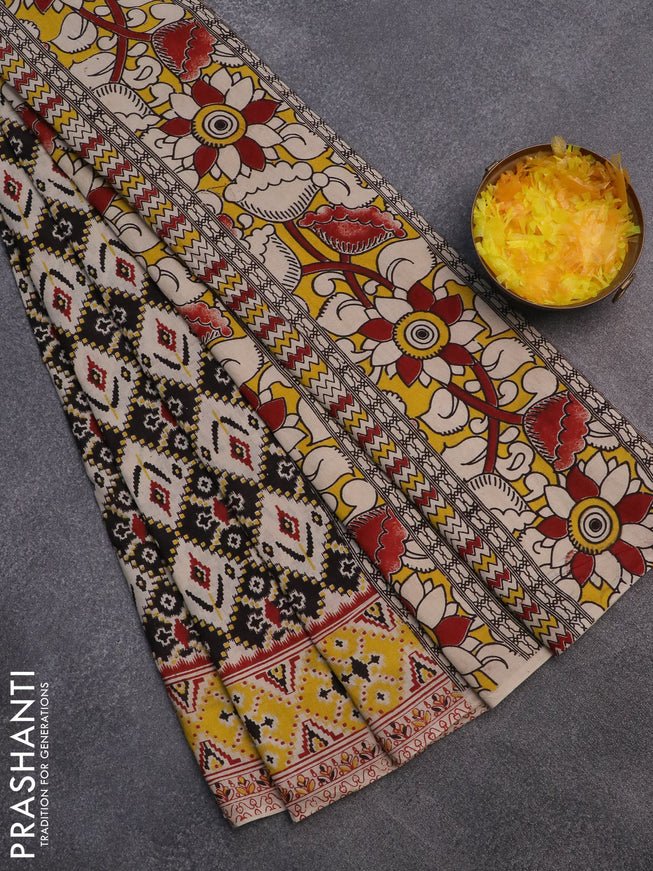 Kalamkari cotton saree black and beige with allover ikat prints and printed border