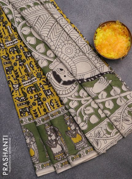 Kalamkari cotton saree yellow and sap green with allover prints and printed border