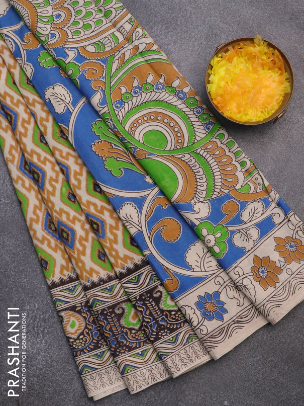 Kalamkari cotton saree mustard shade with allover prints and printed border