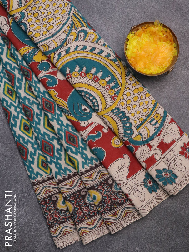 Kalamkari cotton saree teal green with allover prints and printed border