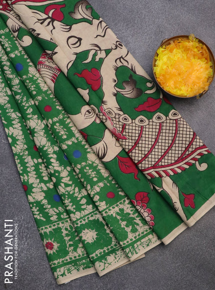 Kalamkari cotton saree green and beige with batik prints and printed border