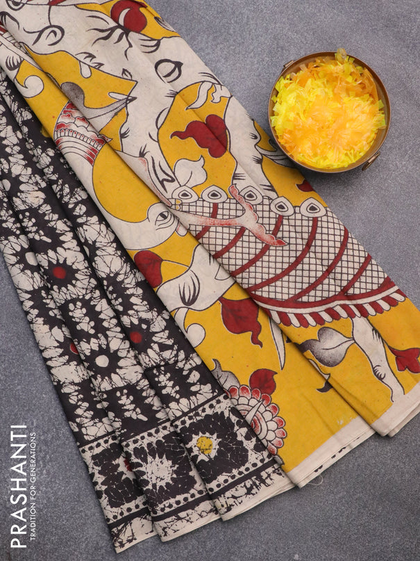 Kalamkari cotton saree black and beige with batik prints and printed border