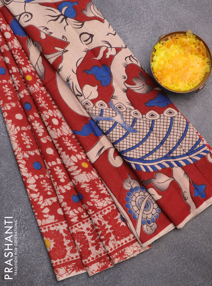 Kalamkari cotton saree maroon and beige with batik prints and printed border