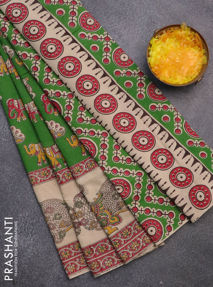 Kalamkari cotton saree green and beige with elephant butta prints and printed border