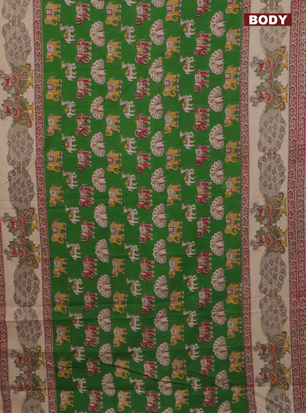 Kalamkari cotton saree green and beige with elephant butta prints and printed border