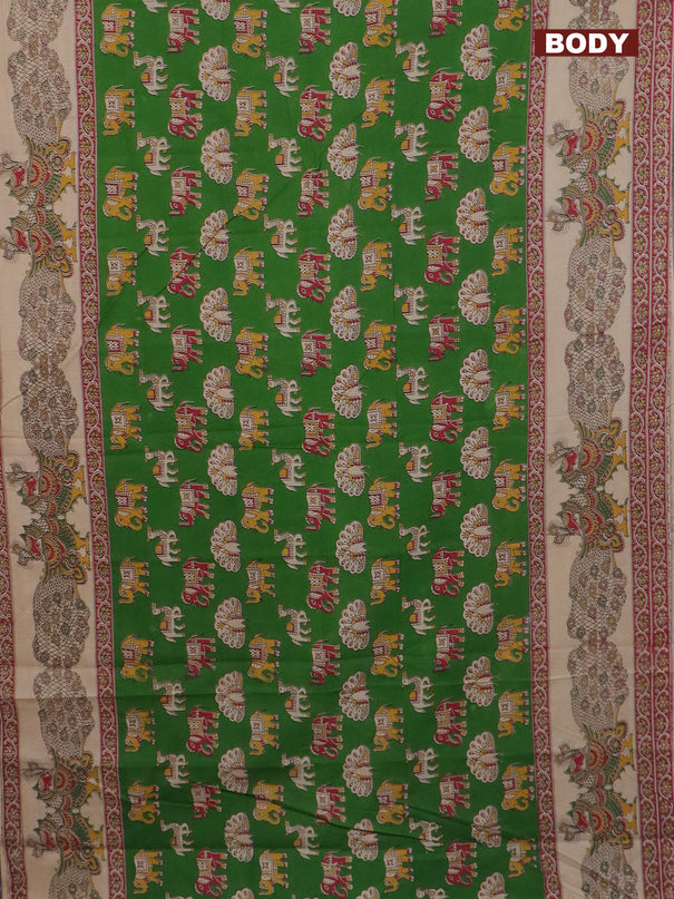 Kalamkari cotton saree green and beige with elephant butta prints and printed border