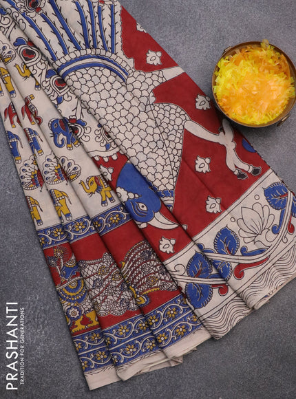 Kalamkari cotton saree beige and maroon with elephant butta prints and printed border