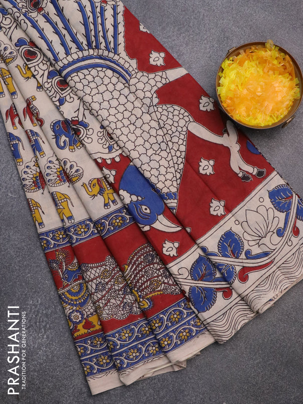 Kalamkari cotton saree beige and maroon with elephant butta prints and printed border