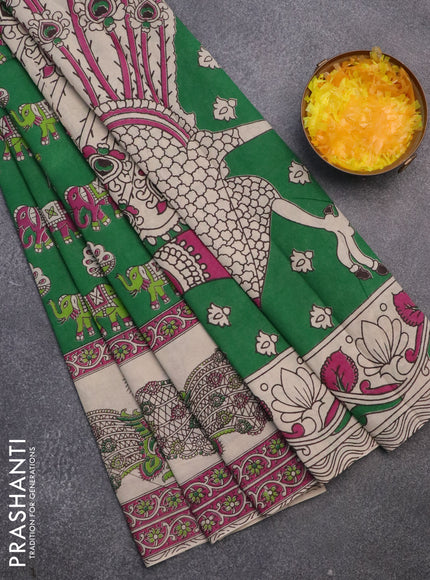 Kalamkari cotton saree green and cream with elephant butta prints and printed border