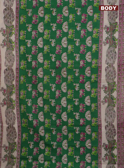 Kalamkari cotton saree green and cream with elephant butta prints and printed border