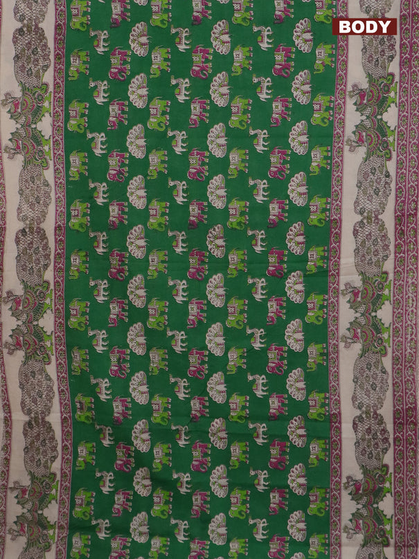 Kalamkari cotton saree green and cream with elephant butta prints and printed border