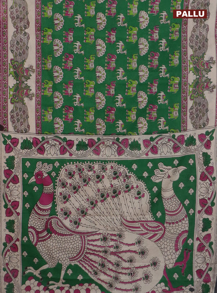 Kalamkari cotton saree green and cream with elephant butta prints and printed border