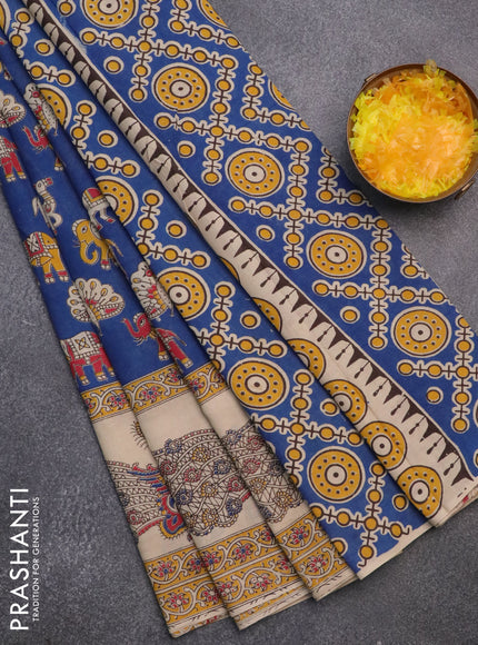 Kalamkari cotton saree blue and cream with elephant butta prints and printed border