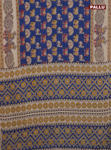 Kalamkari cotton saree blue and cream with elephant butta prints and printed border