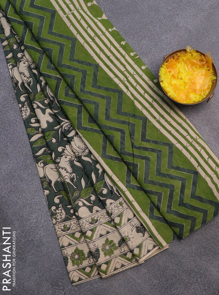 Kalamkari cotton saree greyish green and beige with allover prints and printed border