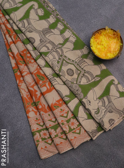 Kalamkari cotton saree orange and green with allover prints and printed border