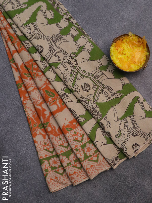 Kalamkari cotton saree orange and green with allover prints and printed border