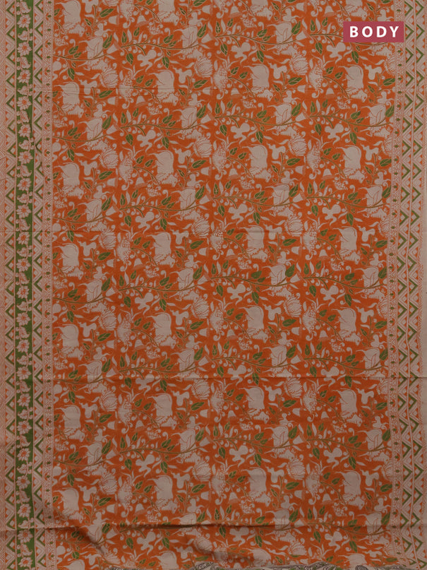 Kalamkari cotton saree orange and green with allover prints and printed border