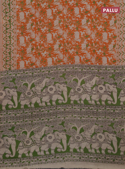 Kalamkari cotton saree orange and green with allover prints and printed border