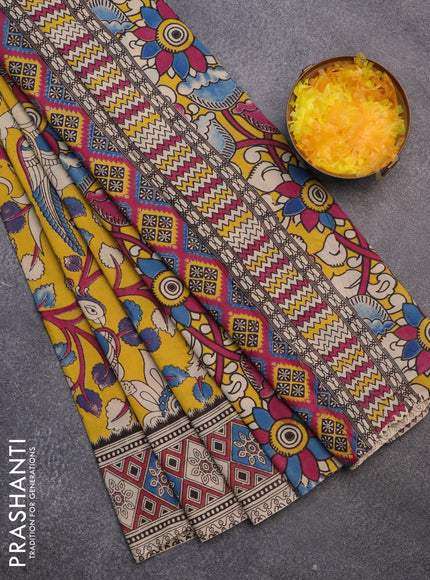 Kalamkari cotton saree yellow and beige with allover prints and printed border