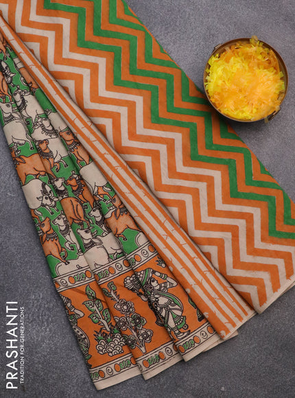 Kalamkari cotton saree green and orange with allover prints and printed border