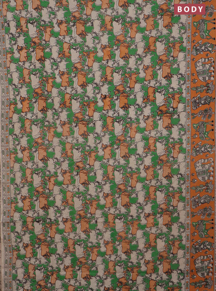 Kalamkari cotton saree green and orange with allover prints and printed border