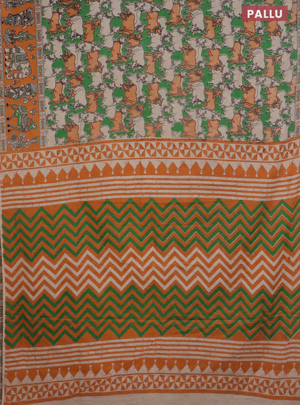 Kalamkari cotton saree green and orange with allover prints and printed border