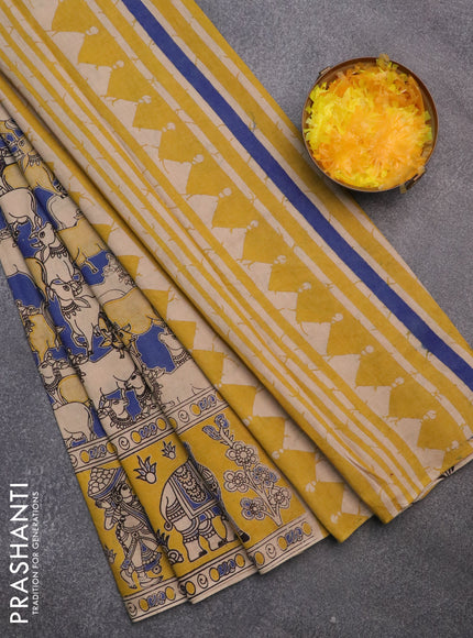 Kalamkari cotton saree blue beige and yellow with allover prints and printed border